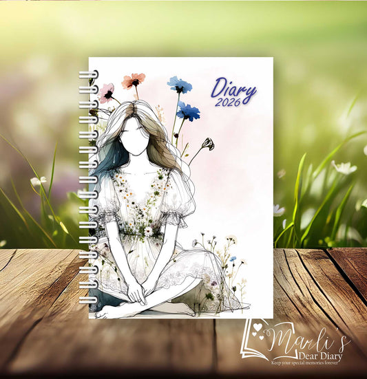 Girl and Flowers Blue Diary 2026